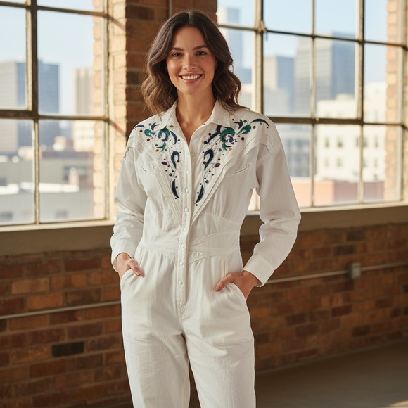 Vintage White Bejeweled Jumpsuit 80s Disco Retro Glam Western 90s Medium - Picture 1 of 8